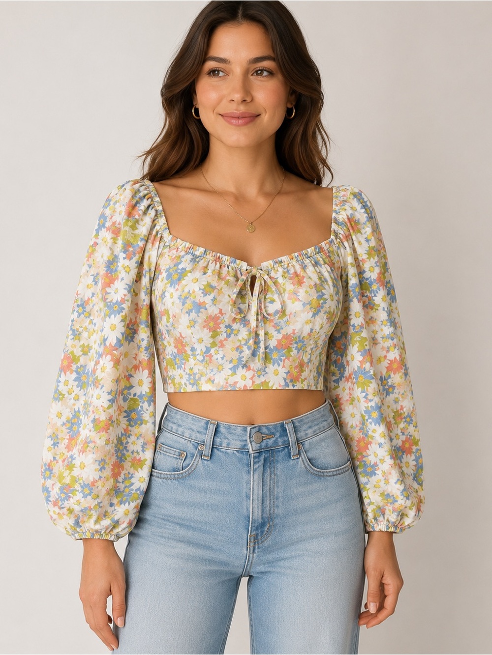 Ruby Sees Women’s Size 10 Floral Puff Sleeve Tie Front Crop Top Cottagecore Boho